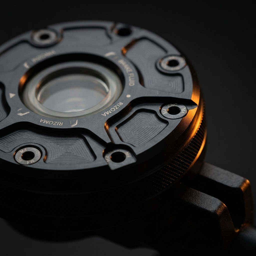 Close-up of a precision CNC-machined billet aluminum motorcycle part